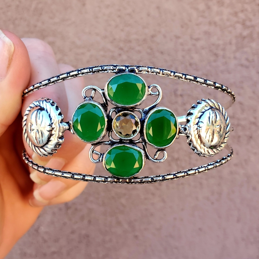 New Emerald & Citrine 925 Silver Sun Cuff Bracelet.